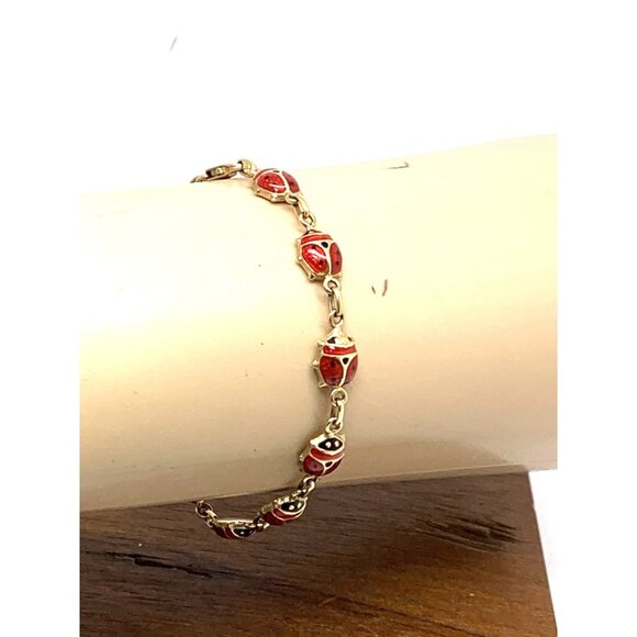 Red Lady Bug Bracelet 14k Yellow Gold Chain Women's 6.5'' Wrist Estate Jewelry - Picture 9 of 13
